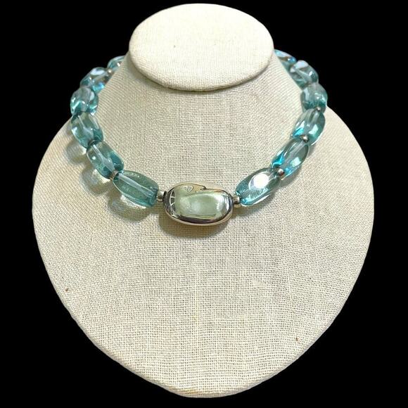Barse Sterling Choker Womens Silver Bead Aqua Glass Beads Toggle Signed - Picture 4 of 7